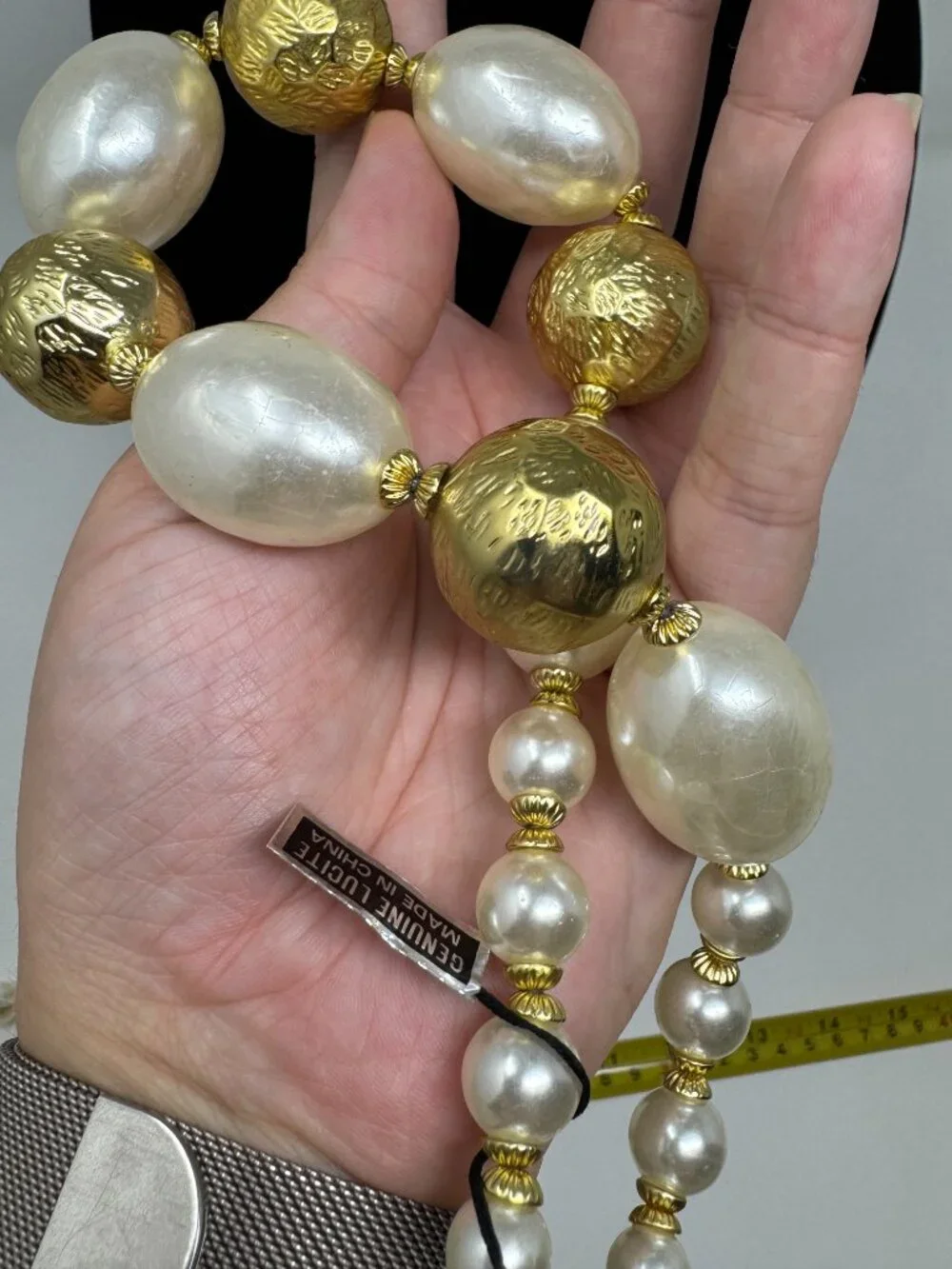 Lot of 2 Vintage Lucite Faux Pearl Statement Necklaces Gold Accent Chunky 18